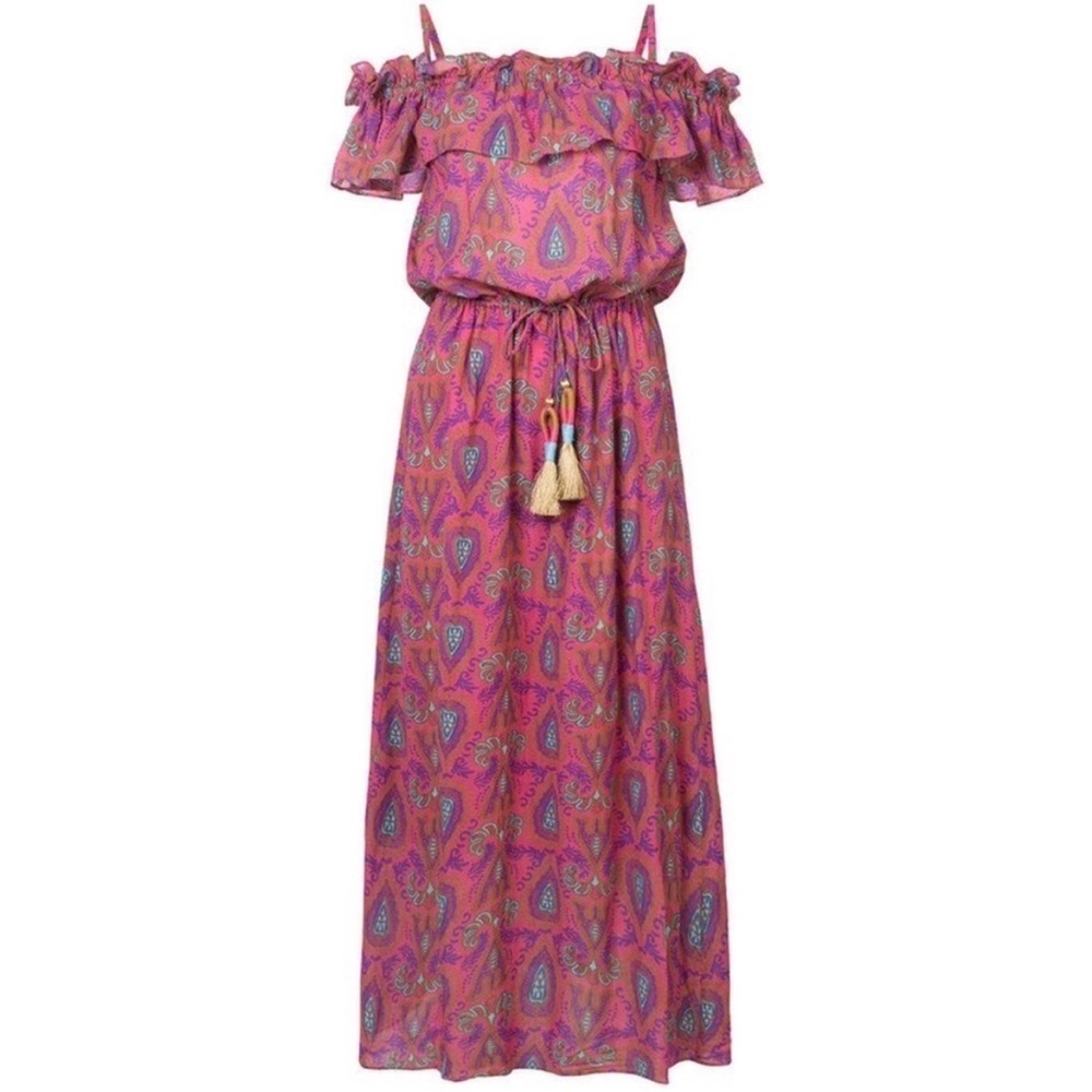 Figue Paisley Print Maxi Dress Tassel Ruffle Small Pink Blue N
